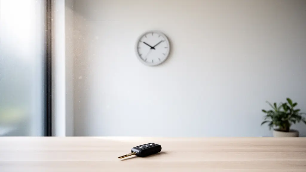 Horloge murale de bureau avec des clés de voiture posées sur une surface en bois, symbolisant l'importance de la gestion du temps dans les réservations de véhicules partagés