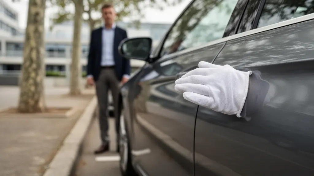 Vue rapprochée d'une main gantée inspectant la carrosserie d'un véhicule professionnel lors d'un état des lieux de restitution