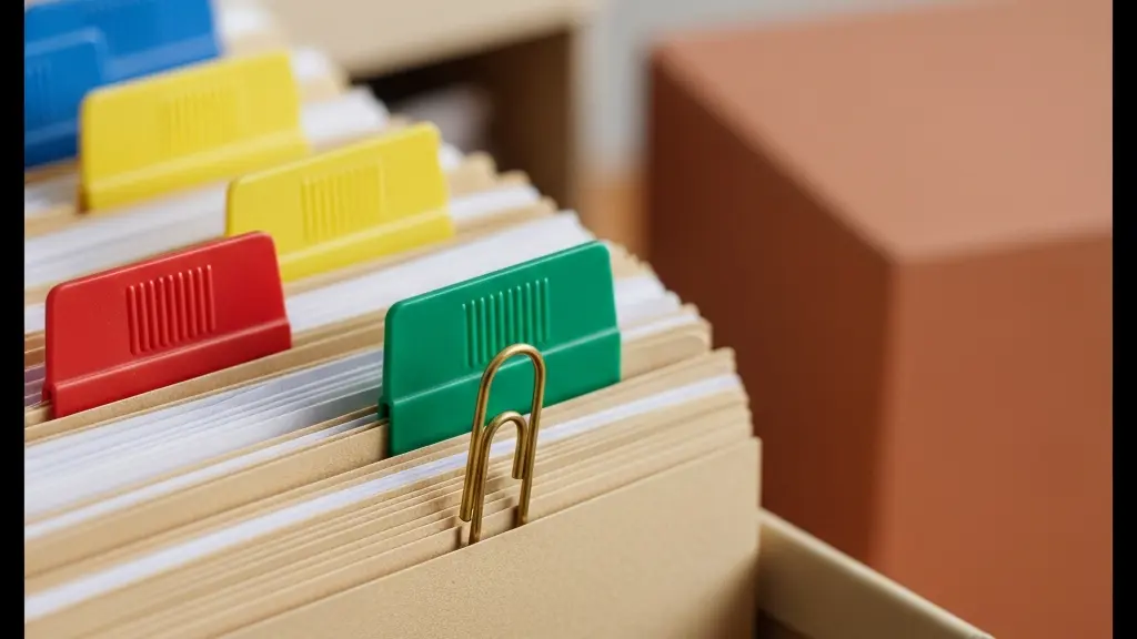 Gros plan macro sur un classeur de justificatifs comptables avec des onglets colorés, symbolisant la rigueur documentaire nécessaire pour éviter un redressement URSSAF.