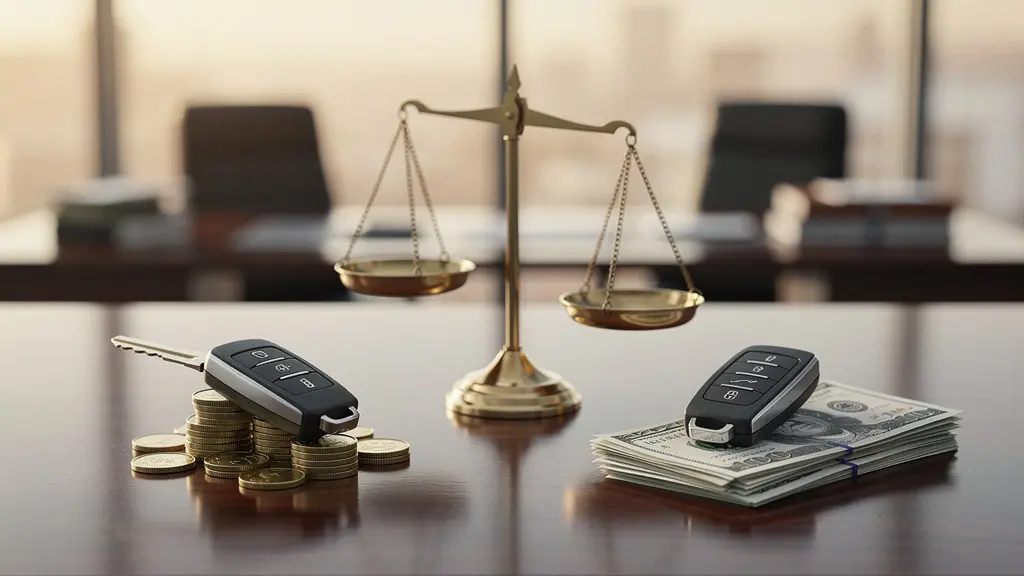 Balance symbolique entre deux cles de vehicule et un document bancaire, representant le choix strategique entre leasing financier et operationnel pour preserver la capacite d'emprunt.