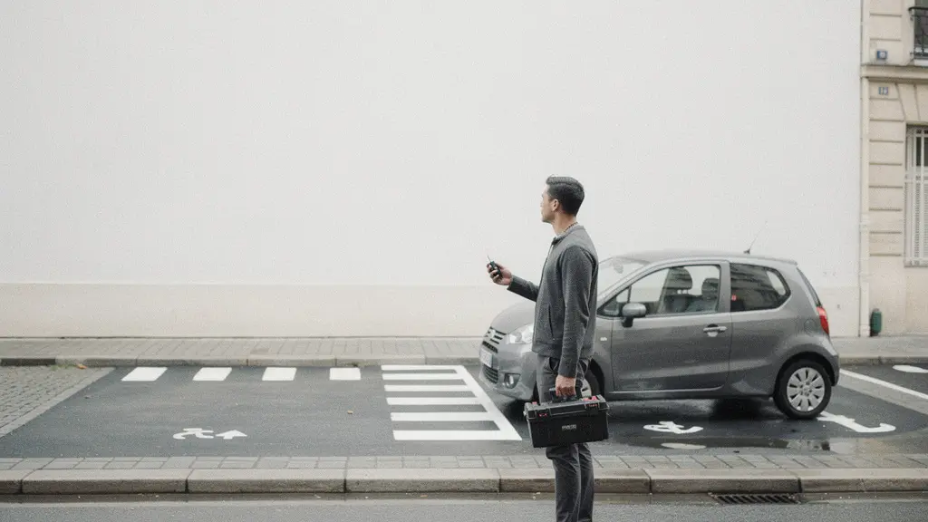 Een ondernemer wacht bij een lege parkeerplek voor deelauto’s in de stad, met veel lege ruimte in beeld.