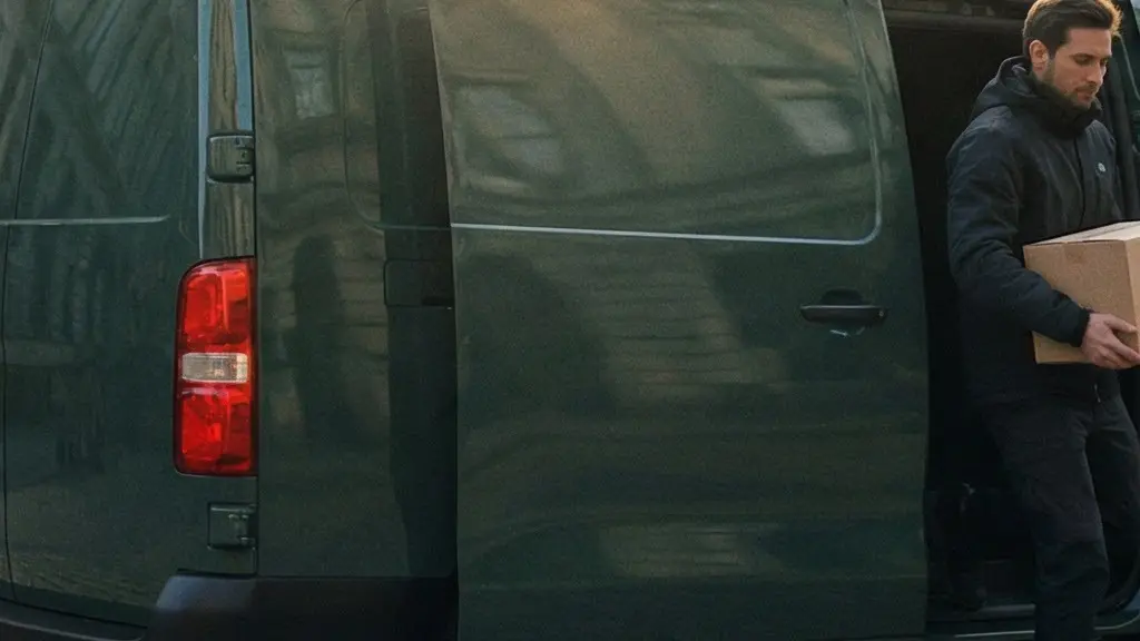 Coursier et utilitaire de livraison electrique dans un centre-ville europeen, ambiance realiste, avec espace vide pour un titre.