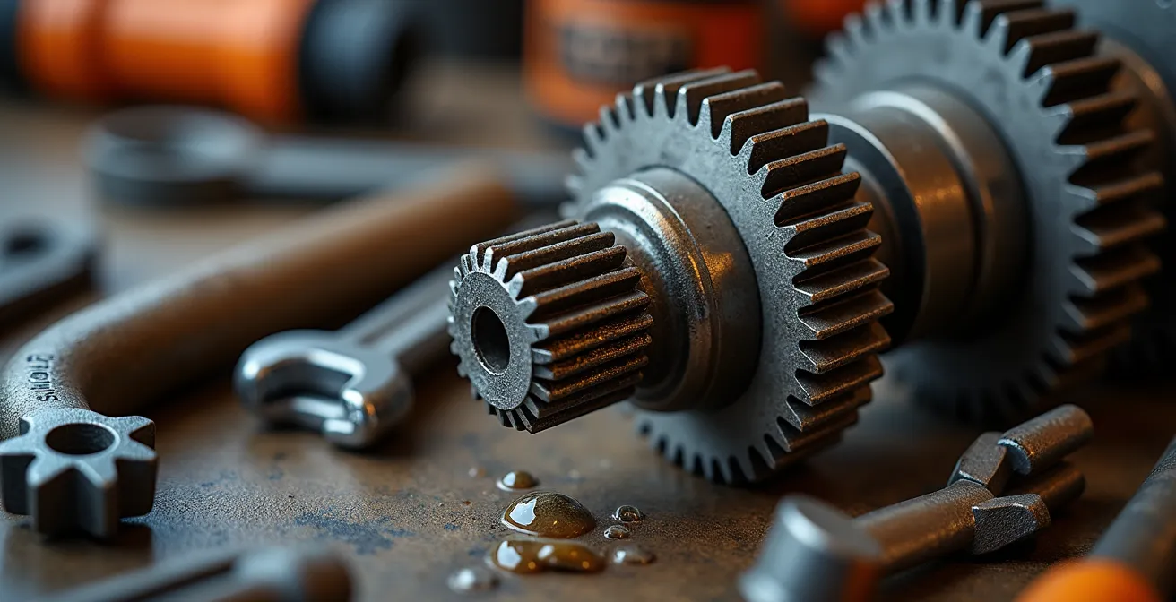 Vue macro détaillée d'un différentiel de 4x4 avec traces d'usure visibles et outils de maintenance