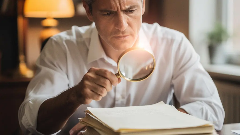 Portrait serre d'un professionnel concentre examinant un contrat avec une loupe, symbolisant la vigilance necessaire face aux clauses cachees des contrats de location operationnelle.