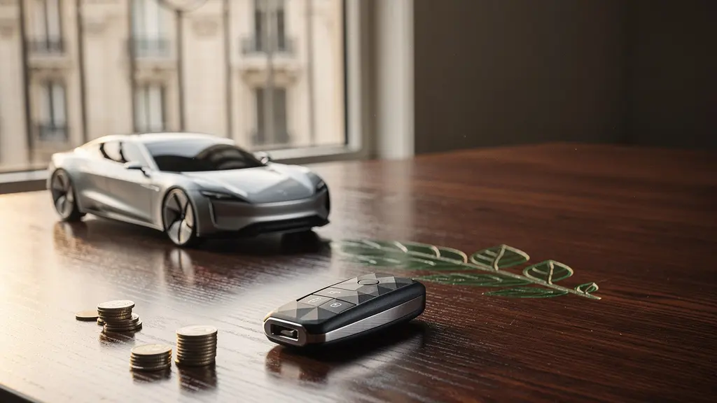 Clé de voiture électrique posée sur un bureau professionnel à côté d'une maquette de véhicule écologique, symbolisant l'optimisation fiscale automobile en Belgique