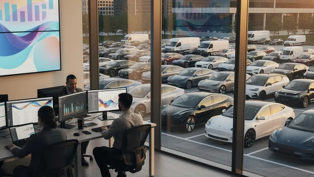 Vue d'ensemble d'un centre de gestion moderne avec tableaux de bord analytiques et véhicules professionnels