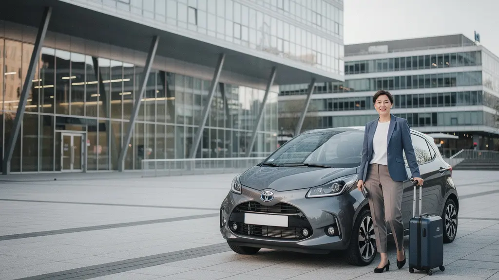 Un consultant en tenue professionnelle se tient a cote d une voiture de location sans marque, avec une valise, dans un quartier d affaires moderne.