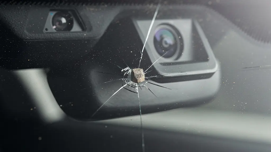 Gros plan macro d'une microfissure sur un pare brise moderne, avec des capteurs flous en arrière plan derrière le verre.