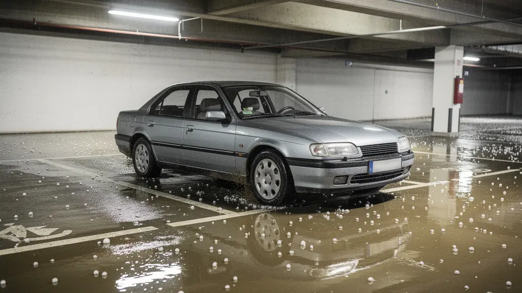 Vue large d'un parking souterrain partiellement inondé, avec une voiture isolée et des grêlons éparpillés au sol, sans aucun panneau lisible.