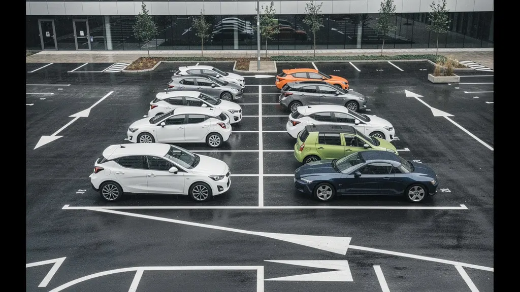 Vue en plongée d'un parking d'entreprise avec des véhicules de flotte dans des couleurs variées, illustrant l'impact du choix de couleur sur la valeur résiduelle