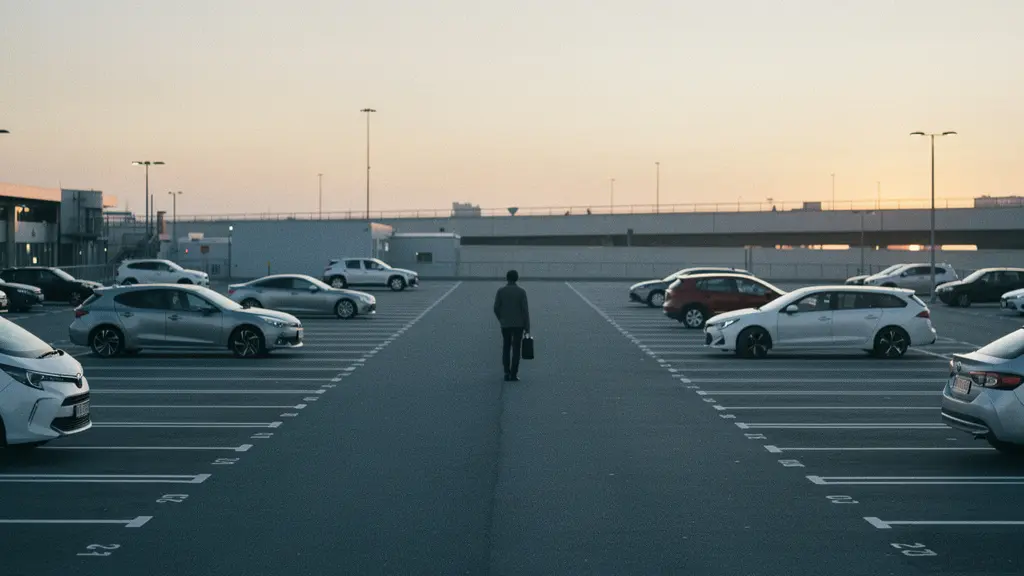 Parking de voitures presque vide en fin de journee, avec quelques vehicules espaces et une ambiance de depart en week-end, suggerant la rarete avant les vacances.