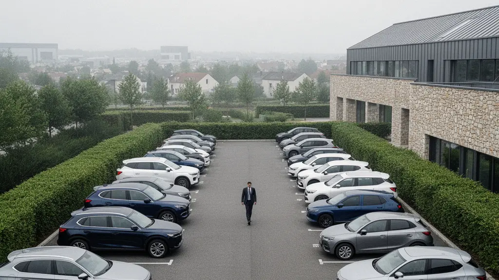 Vue aérienne d'un parking d'entreprise français avec des rangées de véhicules de fonction soigneusement alignés, symbolisant la gestion maîtrisée d'une grande flotte automobile.