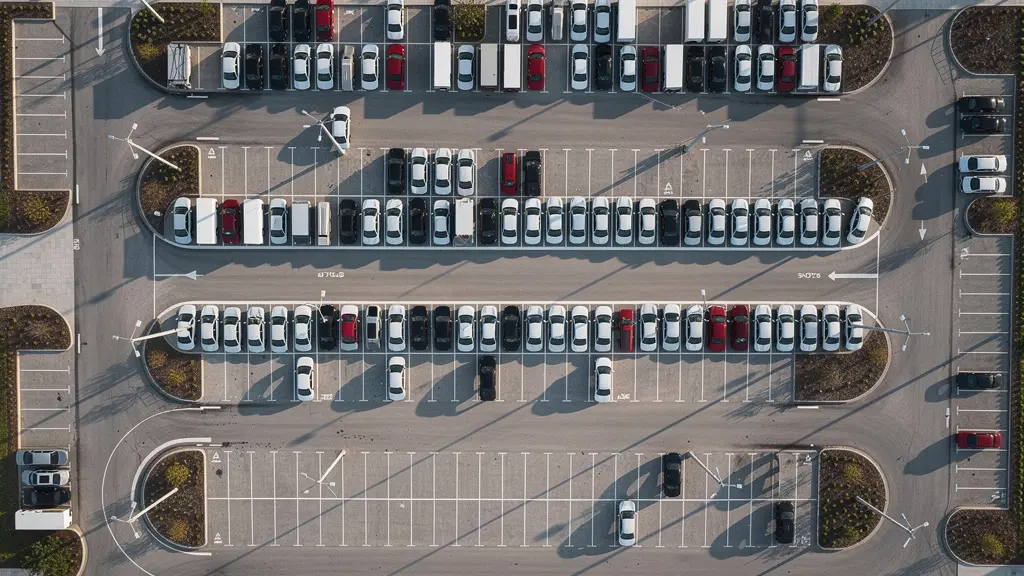 Vue aérienne d'un parking d'entreprise avec véhicules organisés