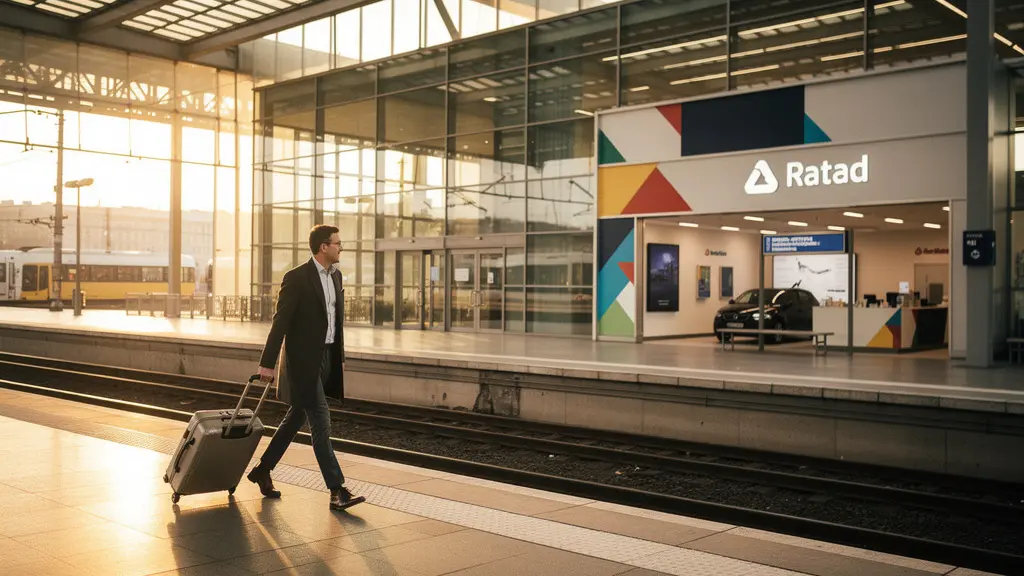 Voyageur professionnel à la gare avec espace de location de voiture