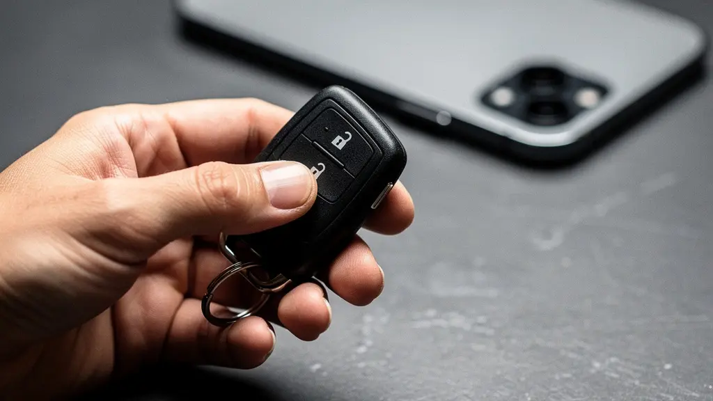 Gros plan d'une main tenant une cle de voiture sans marque, avec l'arriere d'un smartphone flou en second plan, suggerant une prolongation de location a distance.