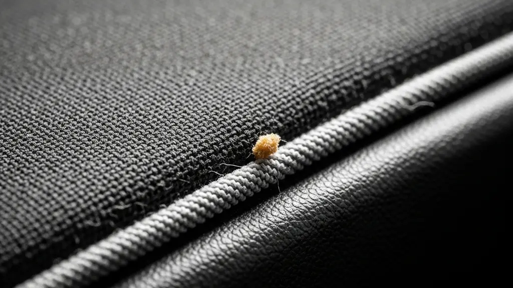 Gros plan macro sur une texture de siège de voiture et une micro-saleté nettoyée, illustrant l’exigence de propreté en autopartage.