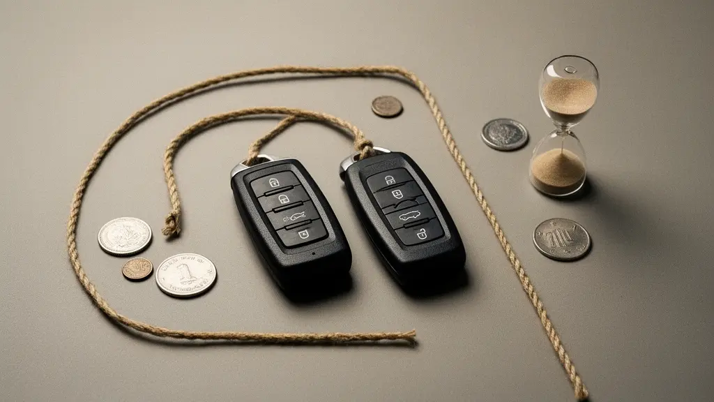 Deux options de trajet symbolisees par des objets neutres sur une table : un chemin en corde qui fait une boucle et un chemin direct, suggerant retour agence versus aller simple.