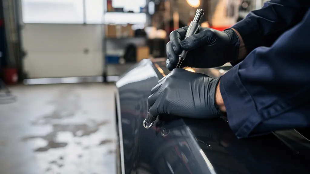 Vue rapprochée d'une carrosserie de véhicule avec un léger impact en cours de réparation par technique de débosselage sans peinture, illustrant le smart repair.