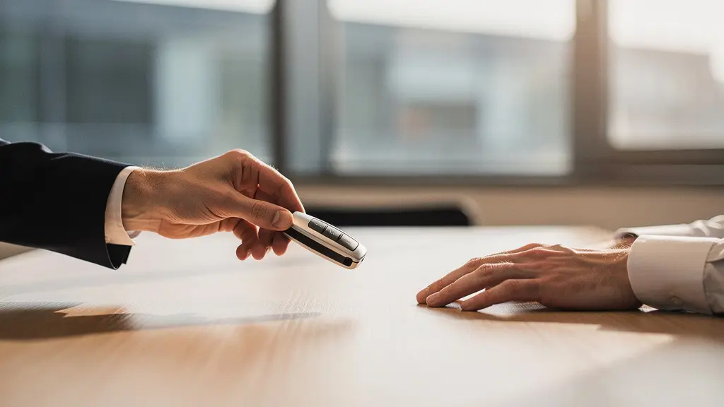 Main tendant une clé de voiture au-dessus d'un bureau vide, illustrant la tension émotionnelle d'un changement de catégorie de véhicule de fonction