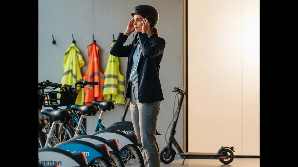 Rangée de casques de protection colorés alignés sur un support métallique dans un local vélo d'entreprise, illustrant les mesures de sécurité pour la micro-mobilité.