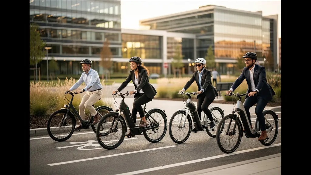 Collaborateurs utilisant des vélos et trottinettes électriques en toute sécurité devant un immeuble de bureaux moderne