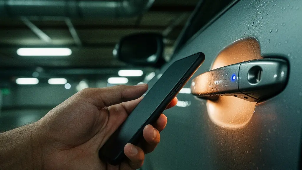 Main tenant un smartphone à proximité de la portière d'une voiture dans un parking souterrain faiblement éclairé, illustrant le déverrouillage Bluetooth d'un véhicule en autopartage
