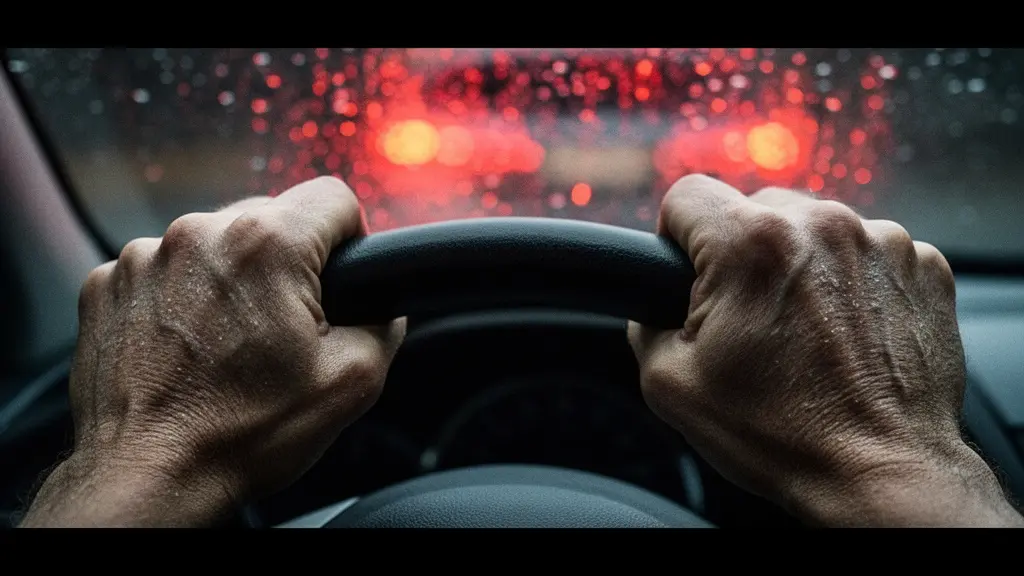Vue macro de mains crispées sur un volant dans un embouteillage avec reflets de feux rouges