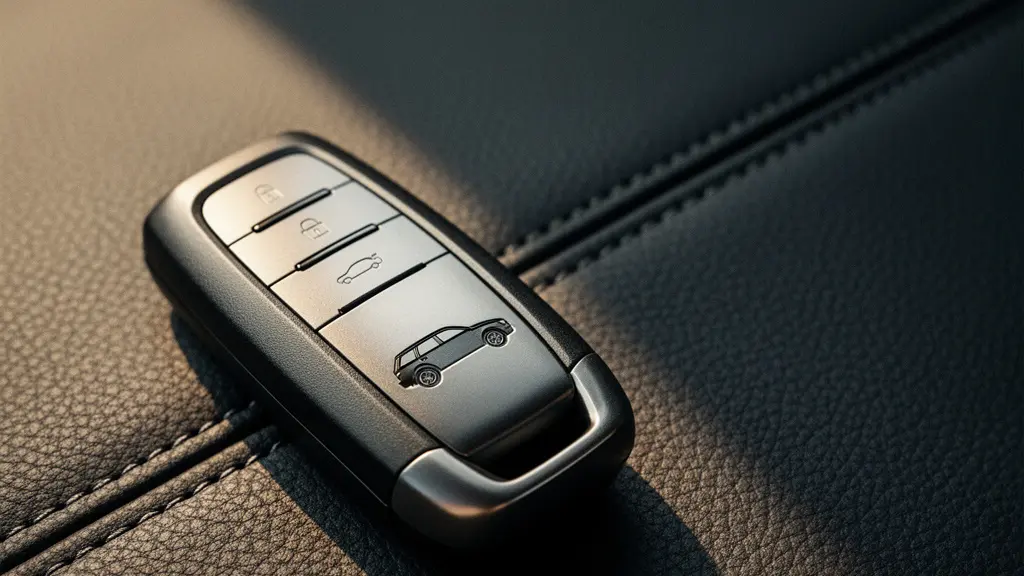 Gros plan sur une clé de voiture de type SUV posée sur une surface en cuir, symbolisant le statut et l'équité dans les voitures de société