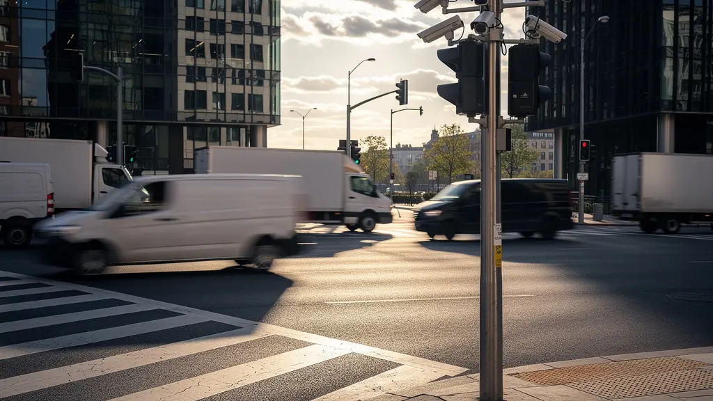 Caméra de surveillance urbaine filmant un carrefour avec flux de véhicules