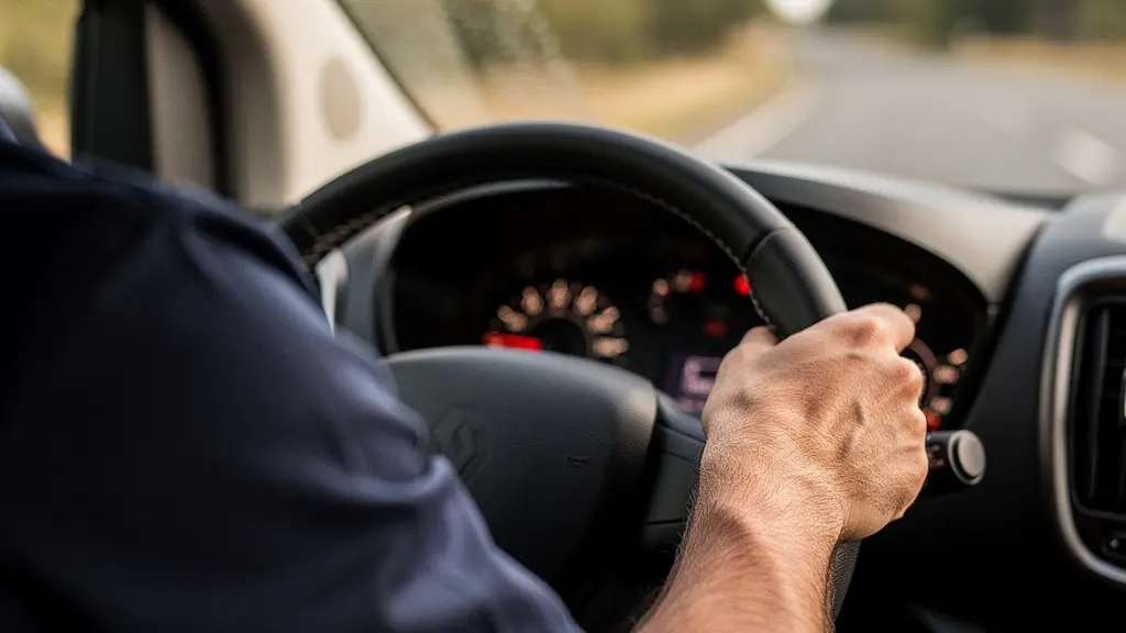 Gros plan sur les mains d'un conducteur professionnel au volant d'un véhicule utilitaire, illustrant une conduite souple et anticipative en éco-conduite.