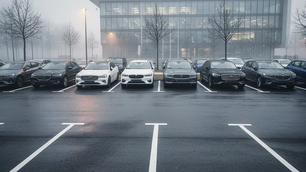 Vue d'ensemble d'un parking d'entreprise avec des véhicules de flotte alignés sous une lumière naturelle, symbolisant l'impact fiscal sur le budget automobile professionnel