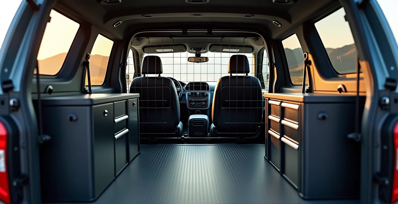 Intérieur de 4x4 montrant l'espace cargo aménagé sans sièges arrière avec grille de séparation
