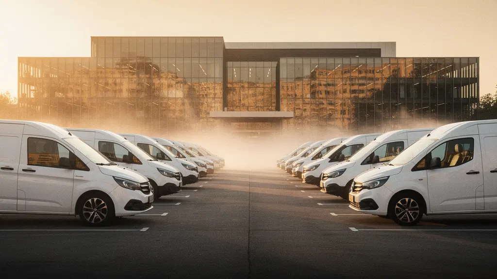 Vue symbolique d'une flotte de vehicules professionnels alignes avec des reflets dores suggerant la valorisation financiere d'un parc automobile d'entreprise