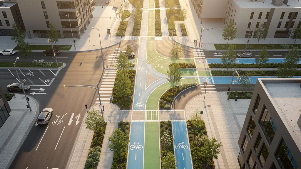 Vue aérienne d'un carrefour urbain moderne avec pistes cyclables colorées, piétons et espaces verts intégrés