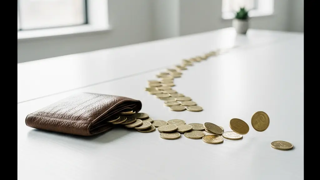 Vue d'ensemble minimaliste d'un bureau epure avec un portefeuille ouvert et des pieces qui s'echappent, symbolisant la fuite de tresorerie causee par un premier loyer majore.
