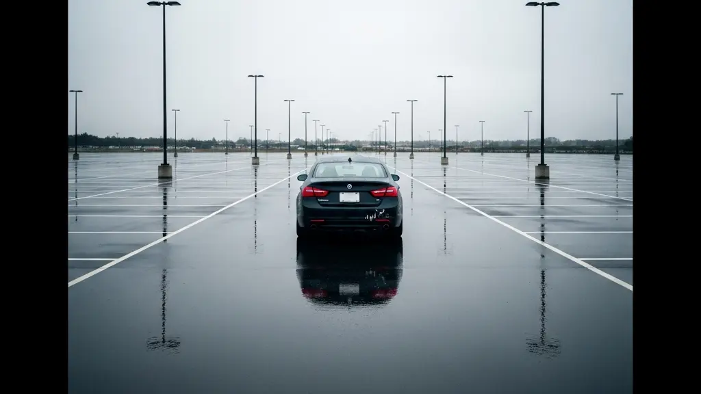 Vue d'ensemble épurée d'un véhicule professionnel stationné dans un parc de restitution de leasing, symbolisant la décision entre couverture tous risques et partielle.