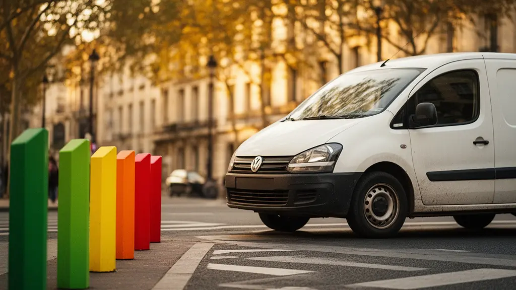 Vehicule utilitaire blanc approchant d'une intersection urbaine avec des bornes de signalisation colorees en arriere-plan flou
