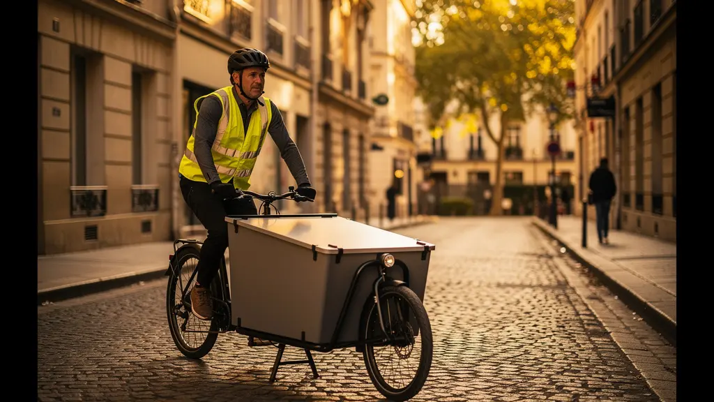 Vélo-cargo de livraison professionnel circulant dans une ruelle piétonne d'un centre-ville français, illustrant la cyclologistique comme alternative aux VUL en zone ZFE.