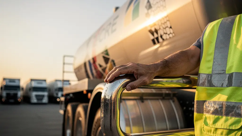 Gros plan sur une main posée sur un capot de camion professionnel, évoquant la vérification de la couverture d'assurance responsabilité civile pour une flotte d'entreprise.