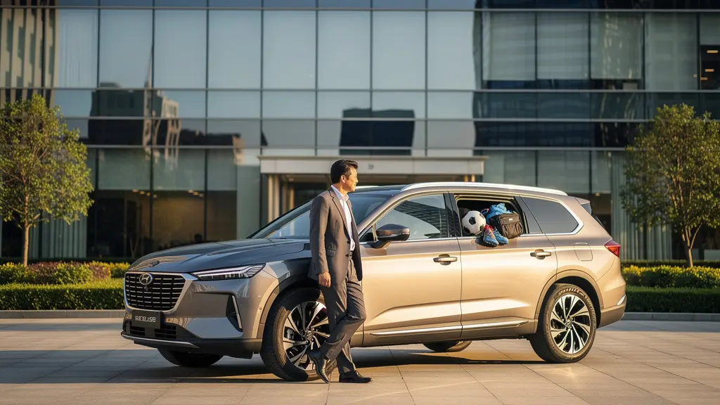 Une voiture de fonction 7 places moderne garée devant un bâtiment d'entreprise avec une famille à côté