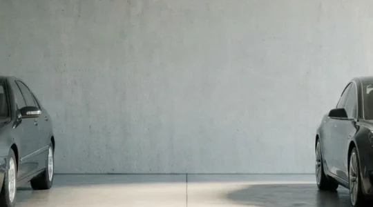 Een onopvallende klassieke zakenauto naast een moderne elektrische auto in een rustige parkeergarage, met veel lege ruimte voor een koptekst.