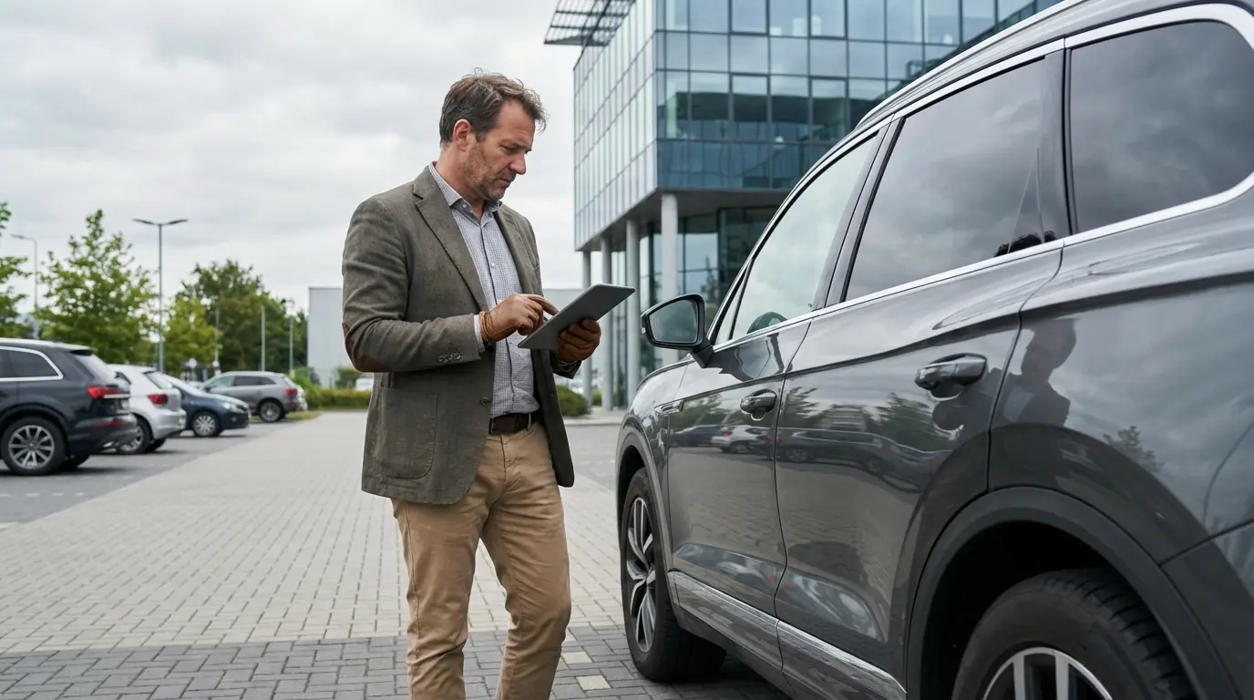 Belgische ondernemer inspecteert premium SUV op bedrijfsparking voor Audi occasion leasing