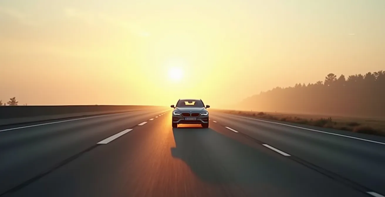 Moderne auto op snelweg met suggestie van hoge kilometrage