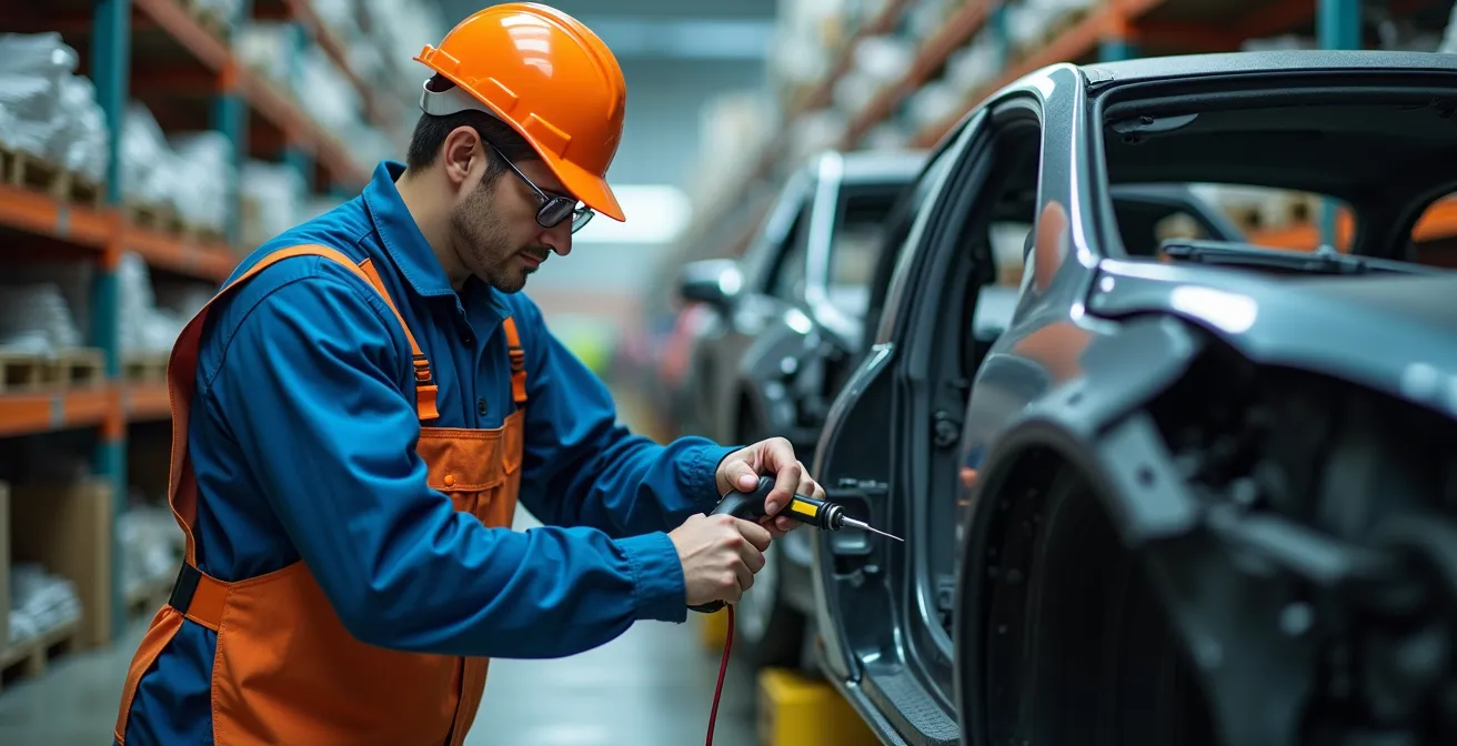 Overzichtsfoto van een modern autodemontagebedrijf met gestapelde auto-onderdelen