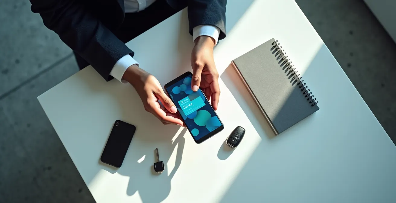 Close-up van handen die smartphone vasthouden met abstracte kalenderpictogrammen en autosleutels op bureau