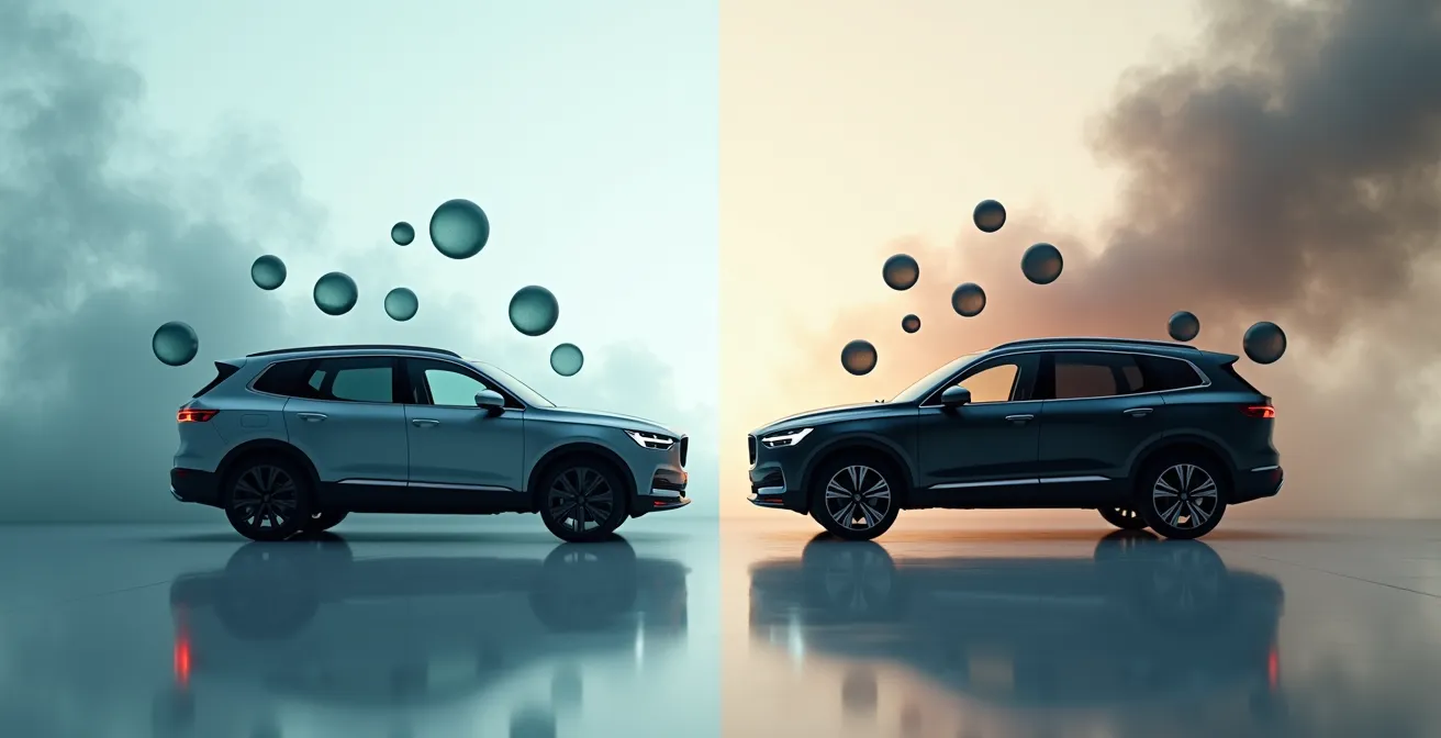 Visuele vergelijking van CO2-uitstoot tussen hybride en benzine SUV's