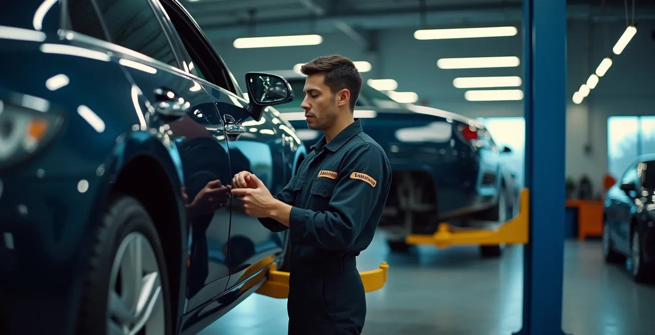Auto in werkplaats met monteur die accessoires installeert na kentekening