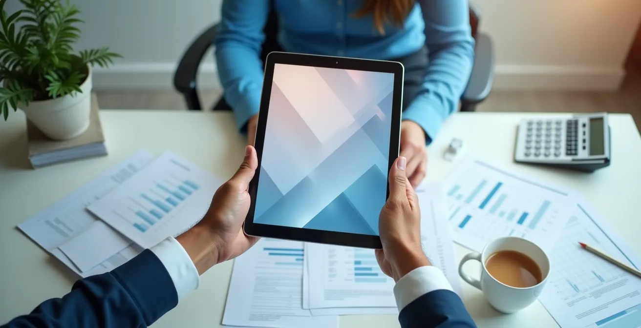 Professional bekijkt overzichtelijk digitaal kostendashboard op tablet