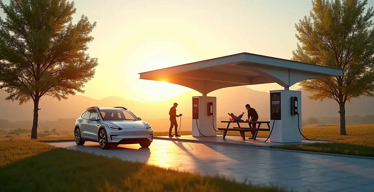 Elektrische gezinsauto bij snellaadstation tijdens vakantiereis