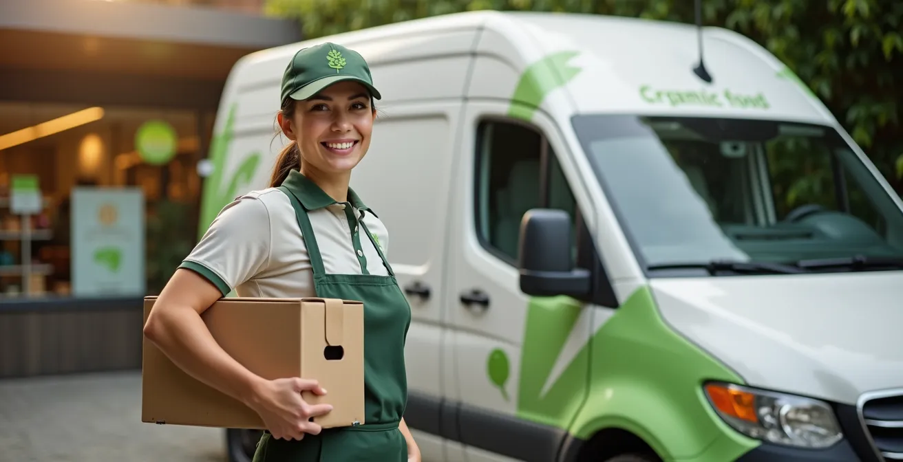 Bedrijfsbus met groene accenten geparkeerd bij biologische winkel
